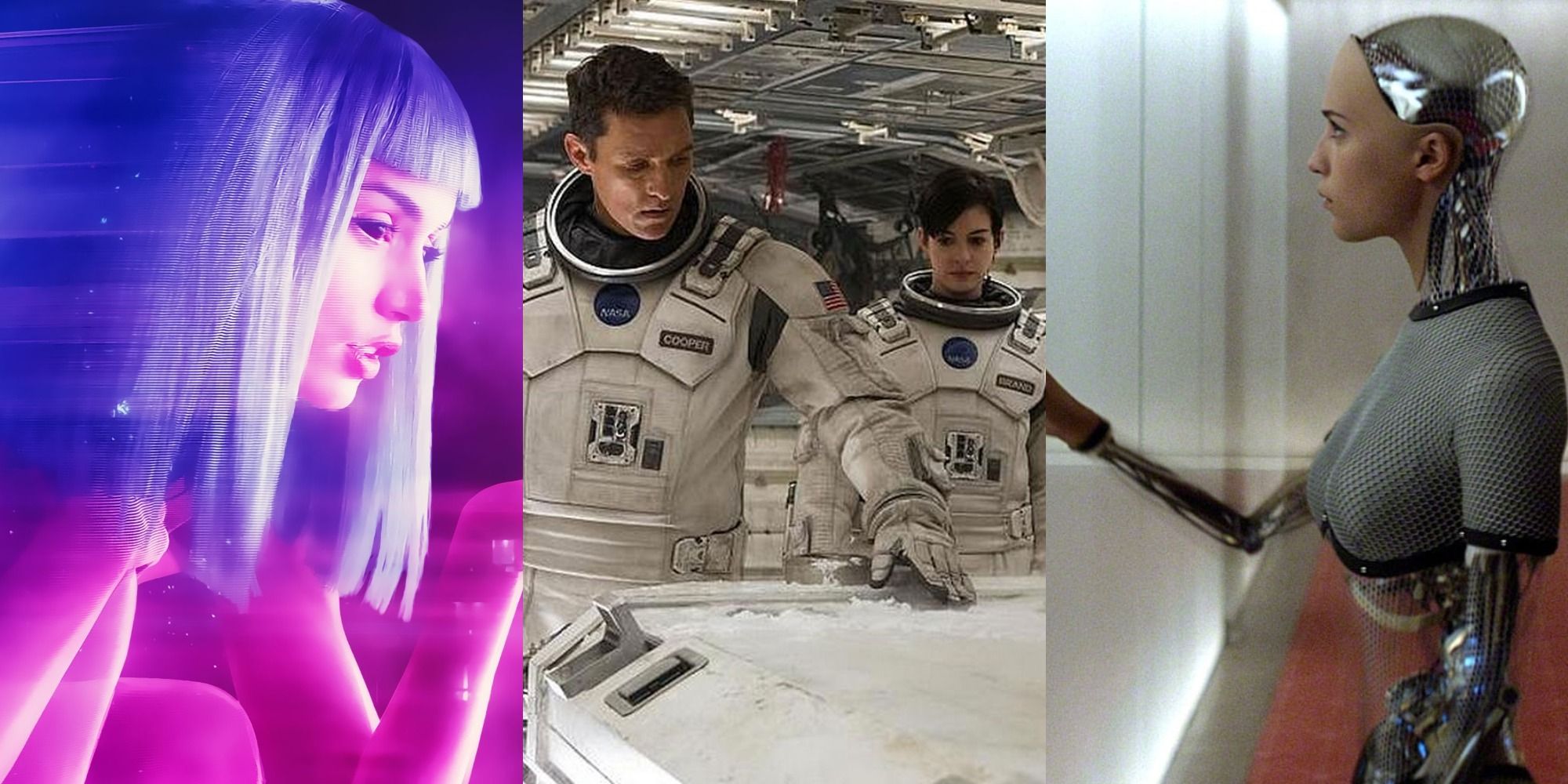 Split image of Ana de Armas in Blade Runner 2049, Matthew McConaughey and Anne Hathaway in Interstellar, and Alicia Vikander in Ex Machina