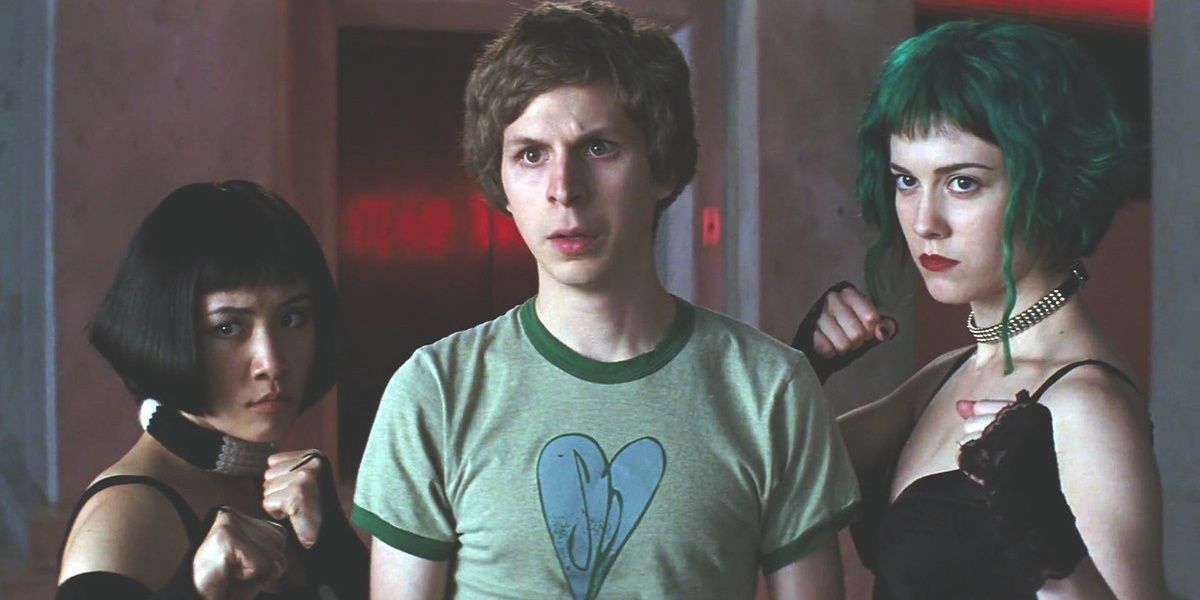 An image of Scott, Ramona, and Knives standing together in Scott Pilgrim v The World