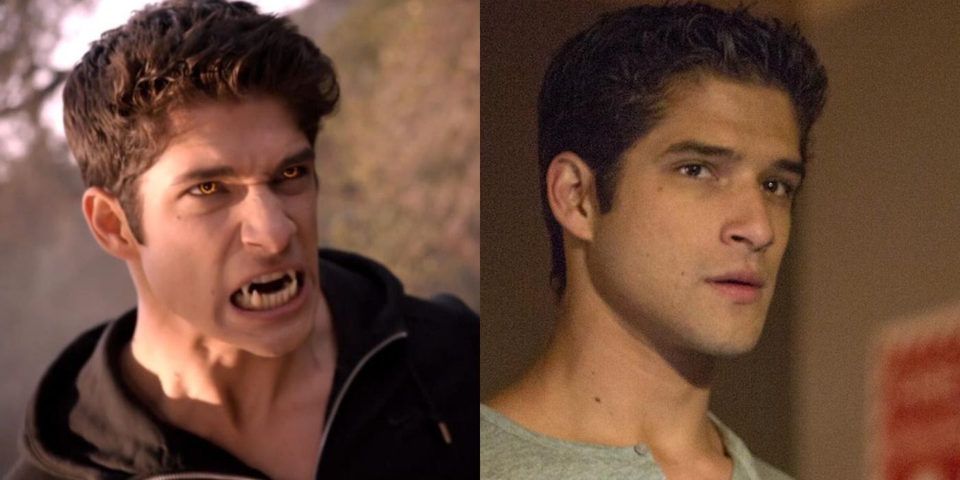 A split image features Scott McCall with fangs and yellow eyes alongside Scott in his regular human form in Teen Wolf