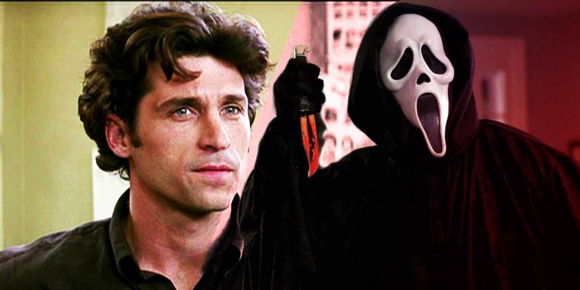 Patrick Dempsey as Mark Kincaid alongside an image of Ghostface wielding a bloody knife