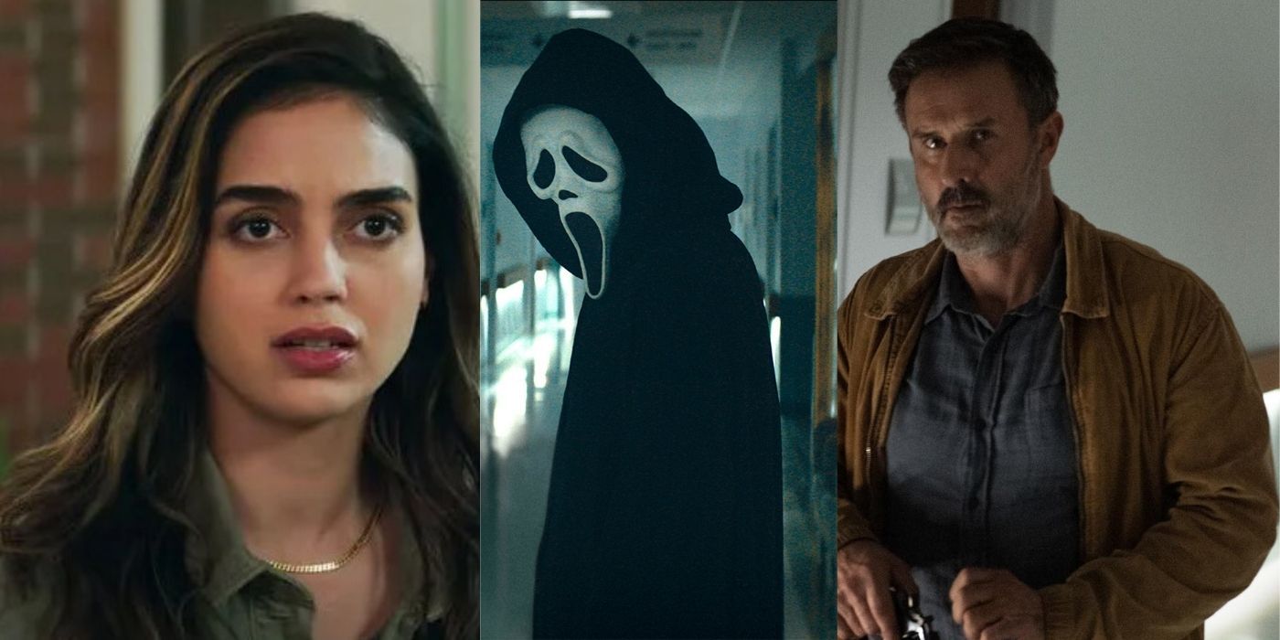 Split image of Sam and Dewey from Scream 2022 with Ghostface in between
