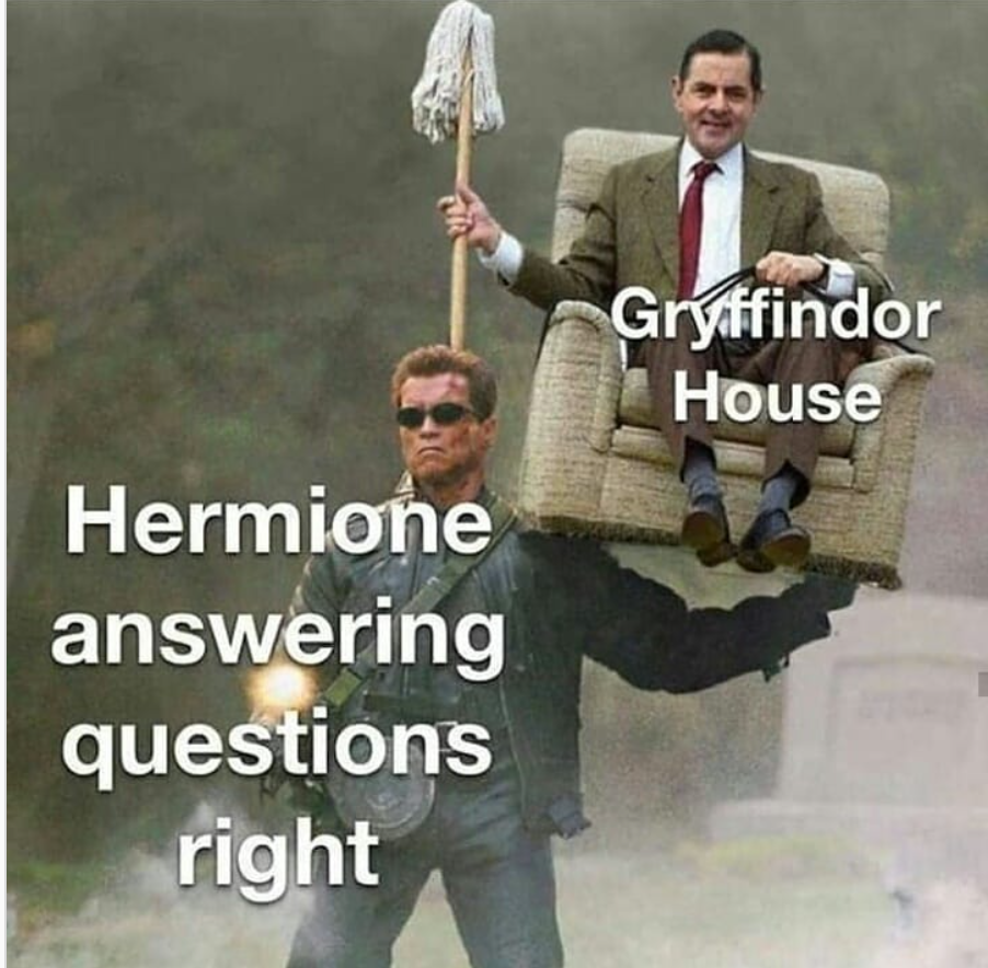 Hermione answering questions right holding up Gryffindor House