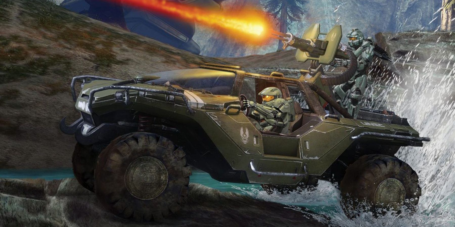 Screenshot of Spartans driving a a warthog in gameplay for Halo 3