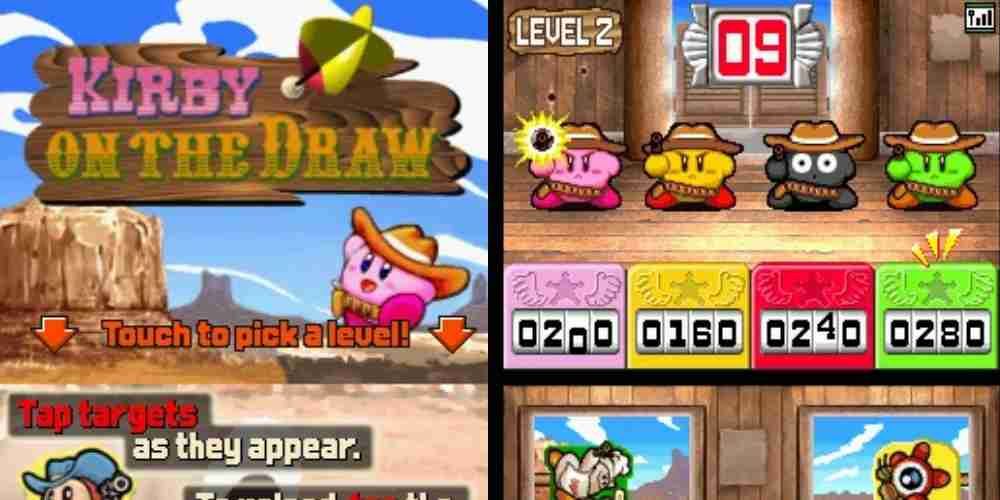 Two screenshots of Kirby Super Star Ultra's Kirby On The Draw minigame.