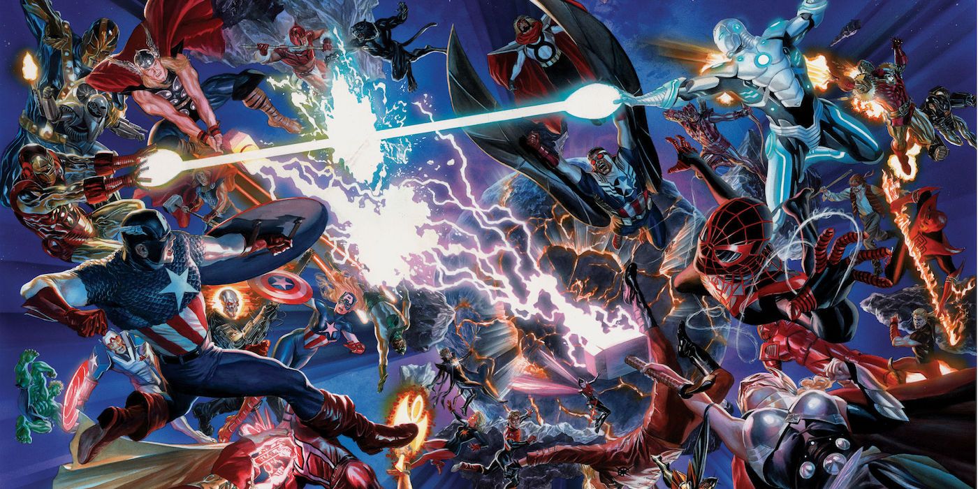 Split image of many Marvel heroes fighting in comics