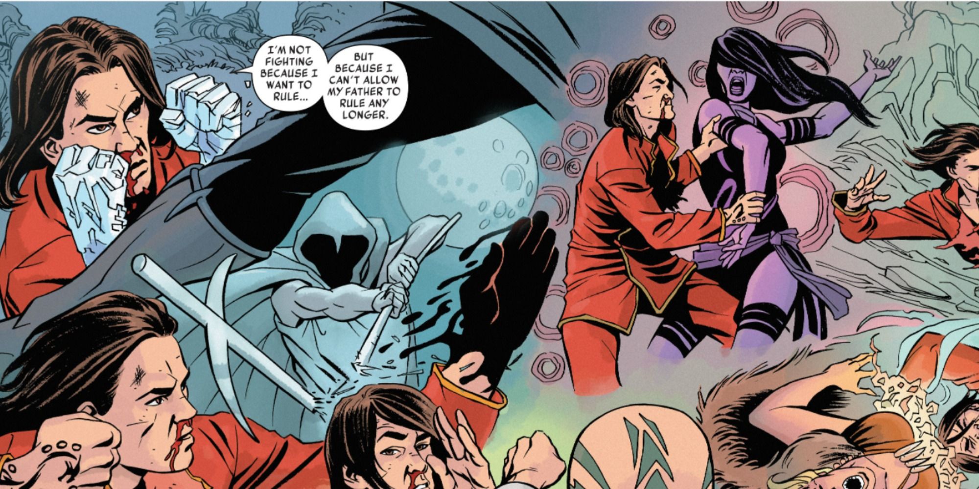 Shang Chi fights Moon Knight in Secret Wars comics.