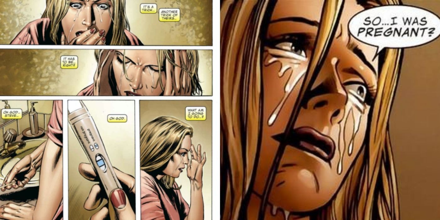 Sharon Carter checking a pregnancy test result and crying in Captain America comics