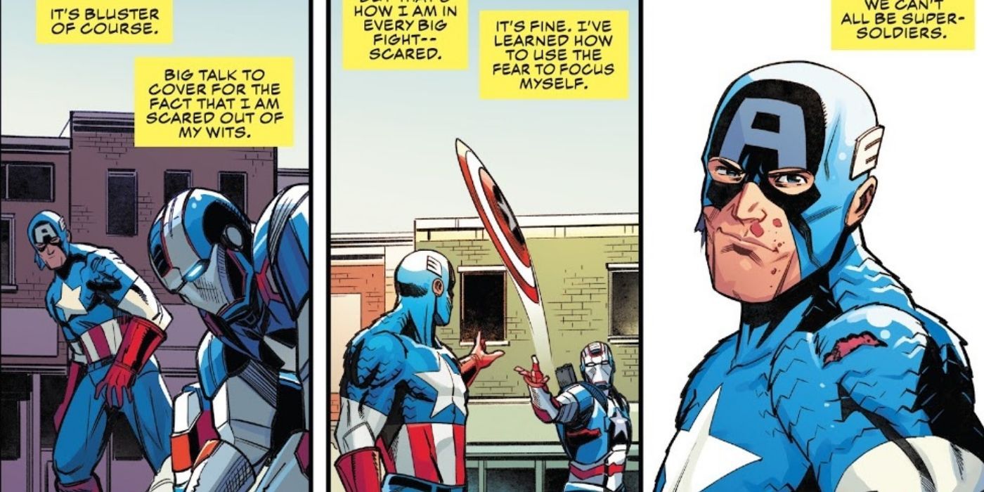 Sharon Carter in Iron Patriot's costume, throwing a shield at Captain America