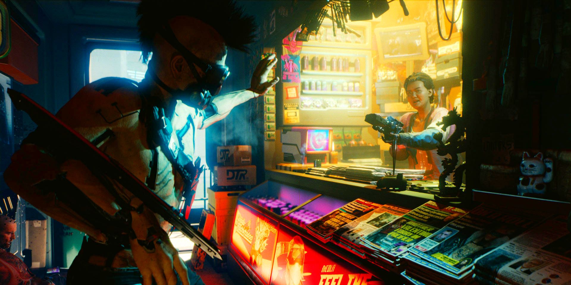 A Shop Clerk points his gun at a bad guy from Cyberpunk 2077.