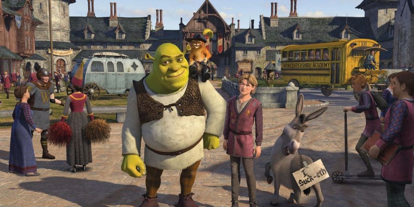Shrek e Artie saindo da escola em Shrek 3