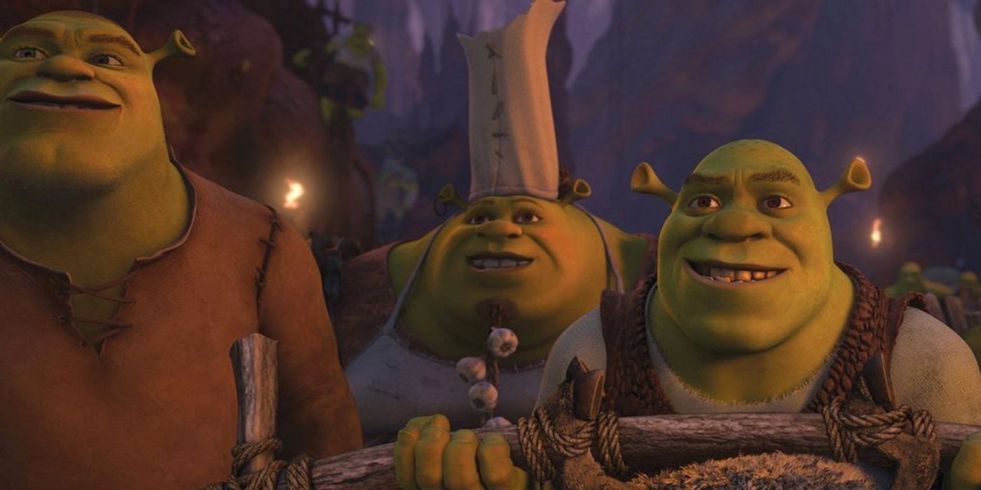 Shrek and ogres standing by a fire on Shrek 4