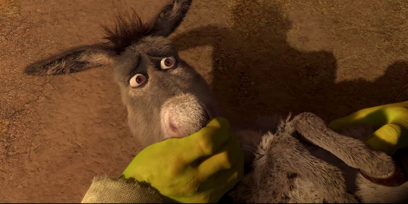 Shrek covering Donkey's mouth on Shrek