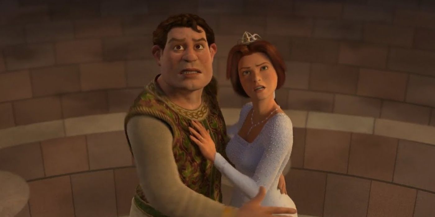 Shrek in human form hugging Fiona in Shrek 2