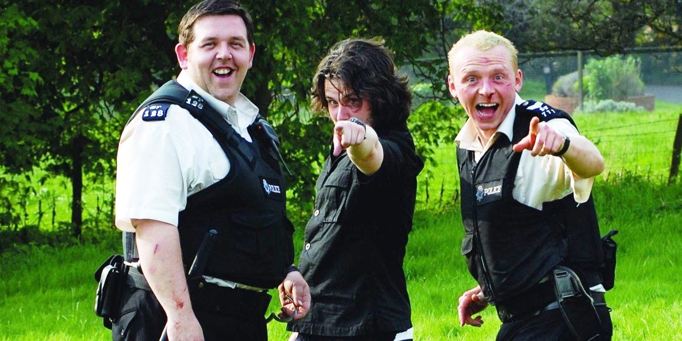 Simon Pegg Edgar Wright and Nick Frost on Hot Fuzz Set