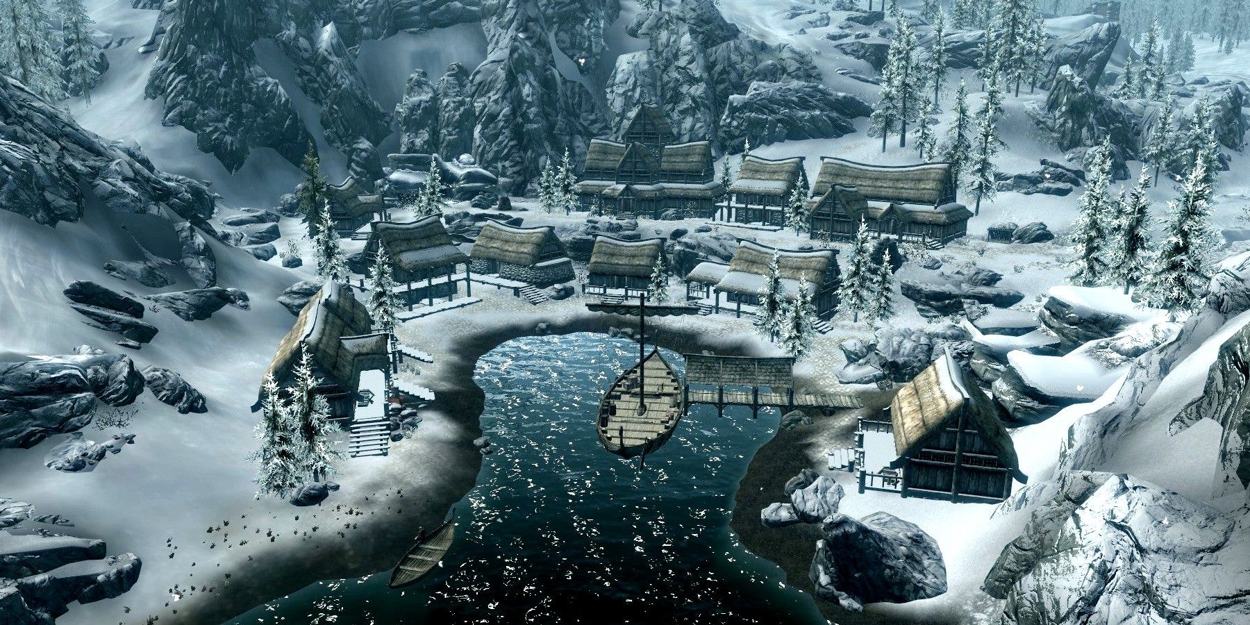 Uma paisagem de Dawnstar em Skyrim