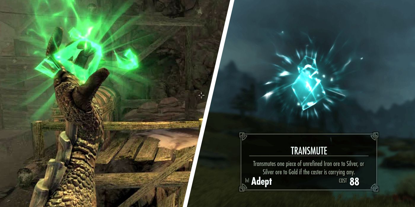 A Skyrim player using the Transmute spell in first person next to an image of the Transmute spell in Skyrim's menu screen