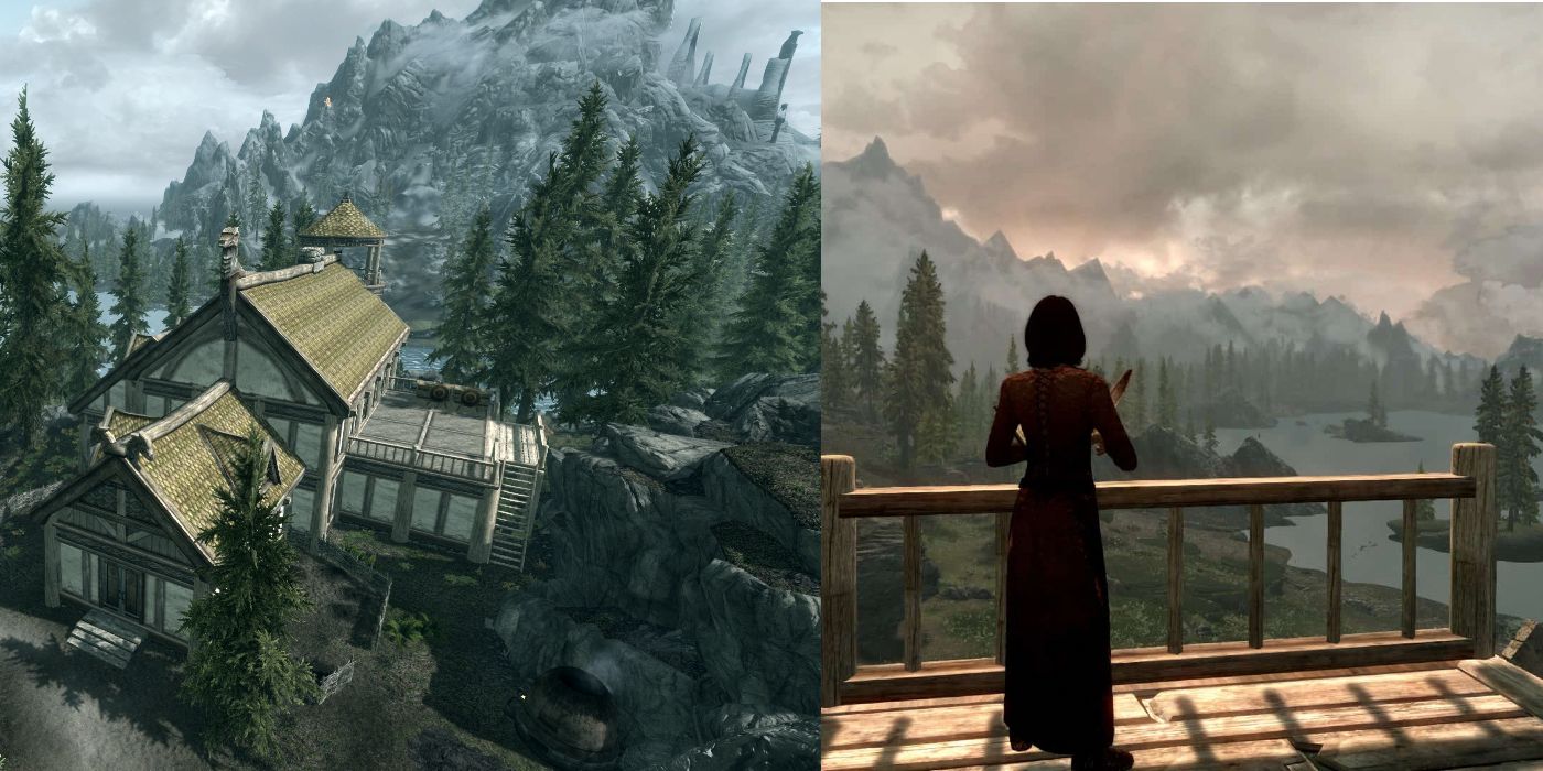 Lakeview manor exterior and balcony view collage in Skyrim