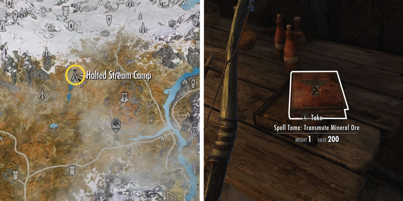 An image of Skyrim's map with the Transmute spell location circled next to an image of the transmute spell book itself on a table.