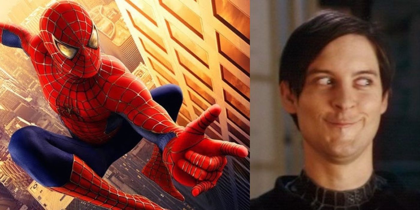 Sam Raimi Spider-Man cover and Tobey Maguire meme face collage