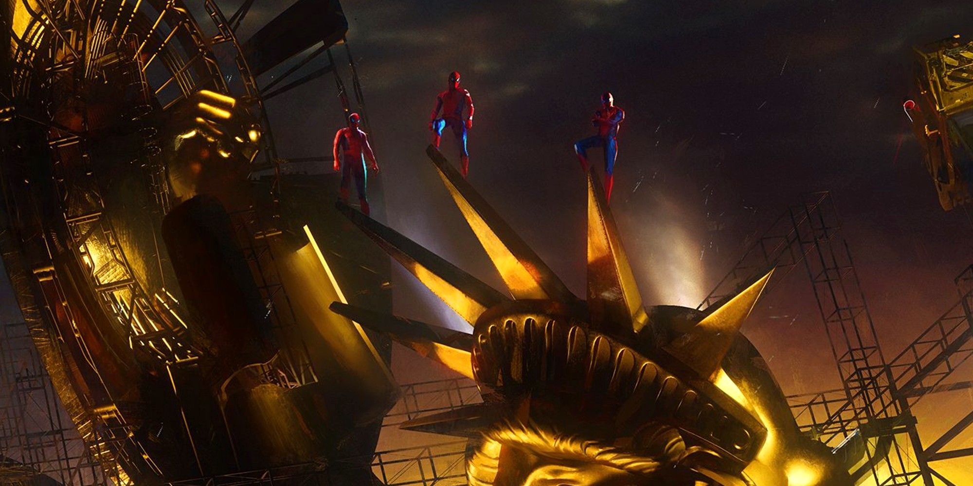 Three Spider-Men standing on top of the Statue of Liberty 