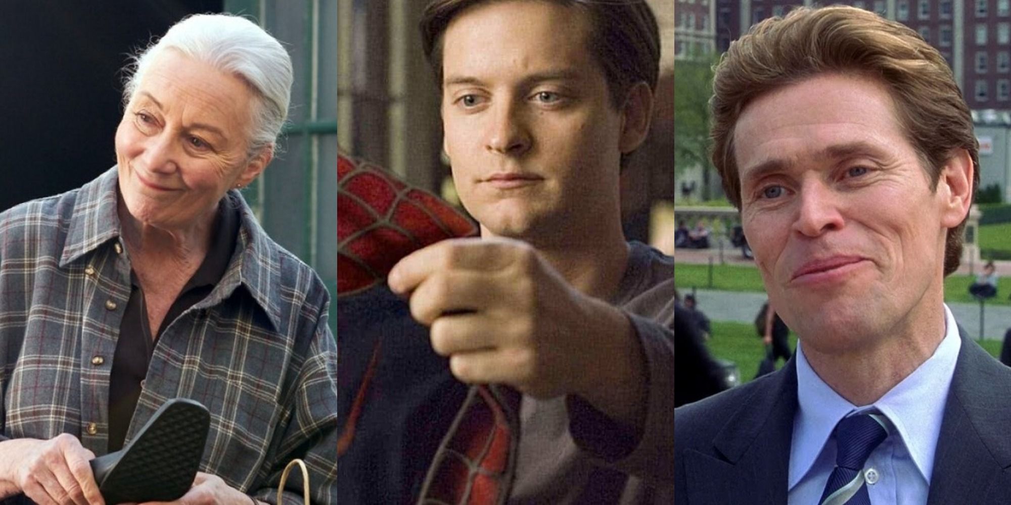 Split image of Aunt May, Peter Parker and Norman Osborn in Spider-Man