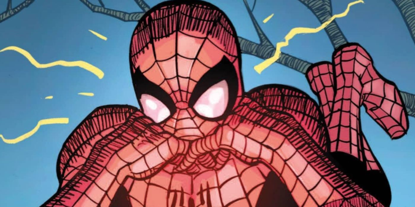 Spider-spider sense coming out as he holds his hands in front of his face.