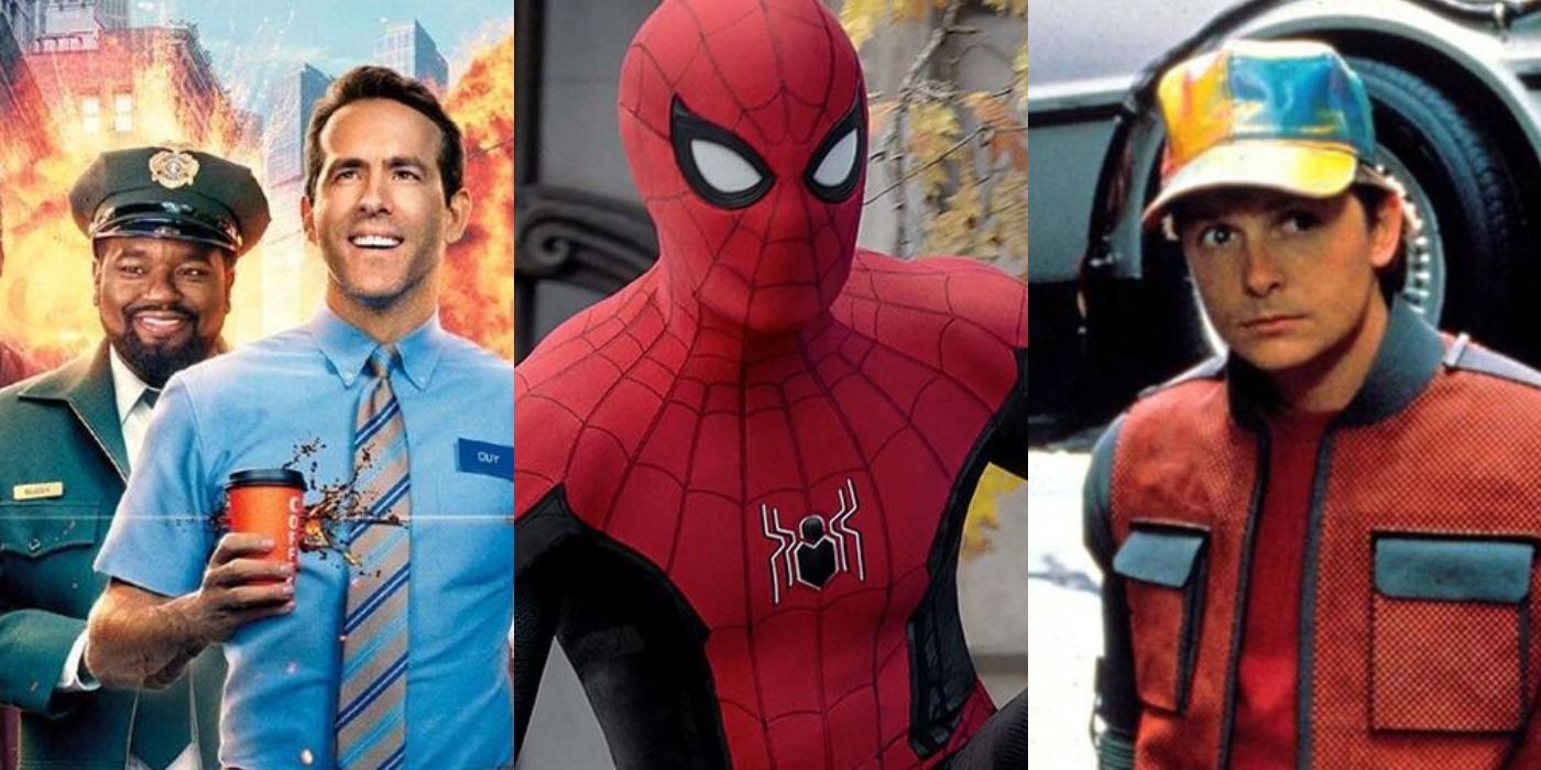 Split image: Guy walks with a coffee/ Spider-Man looks scocked/ Marty with a car behind him