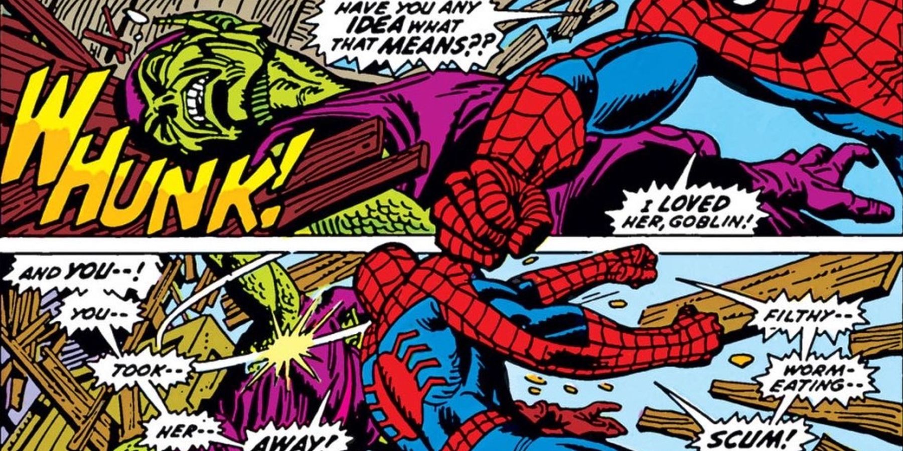 Spider-Man unleashing his anger on Green Goblin in The Amazing Spider-Man comics