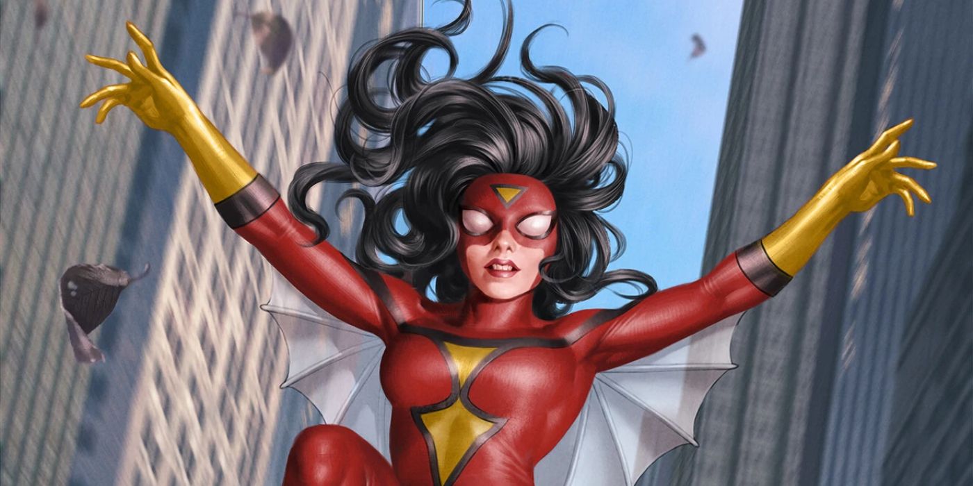 Spider-Woman leaps through the air in Marvel comics