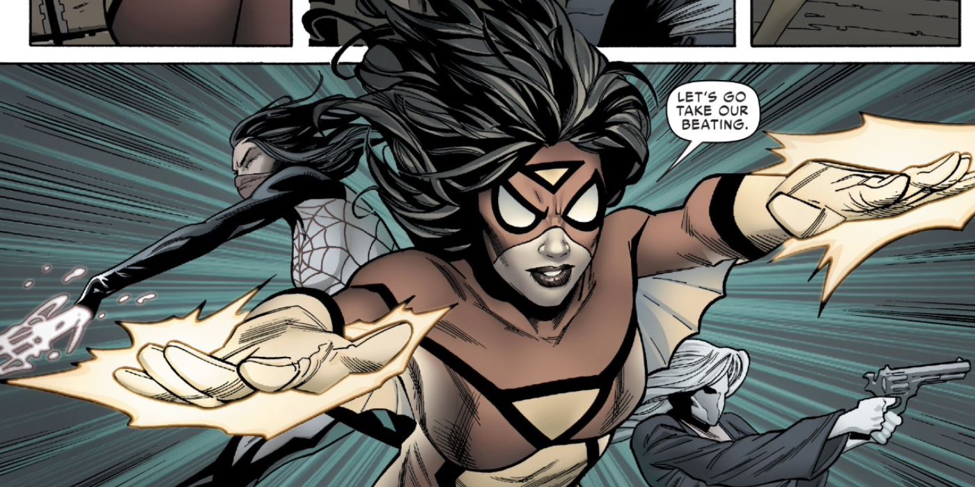 Spider-Woman using her Venom Blasts