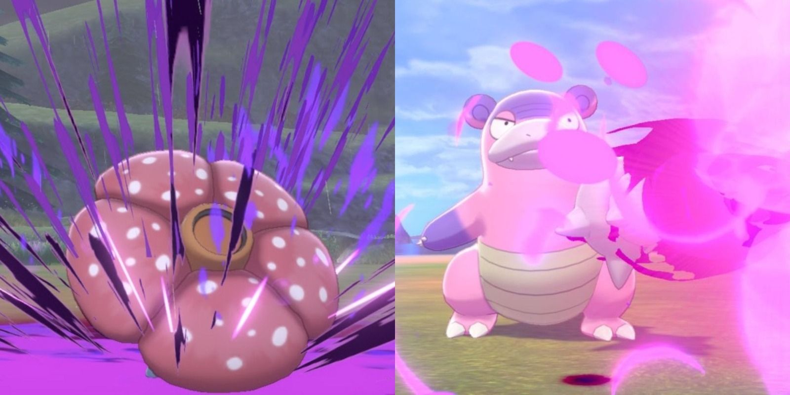 Split image of Vileplume using Venoshock and Galarian Slowbro using Shell Side Arm in the Pokemon franchise