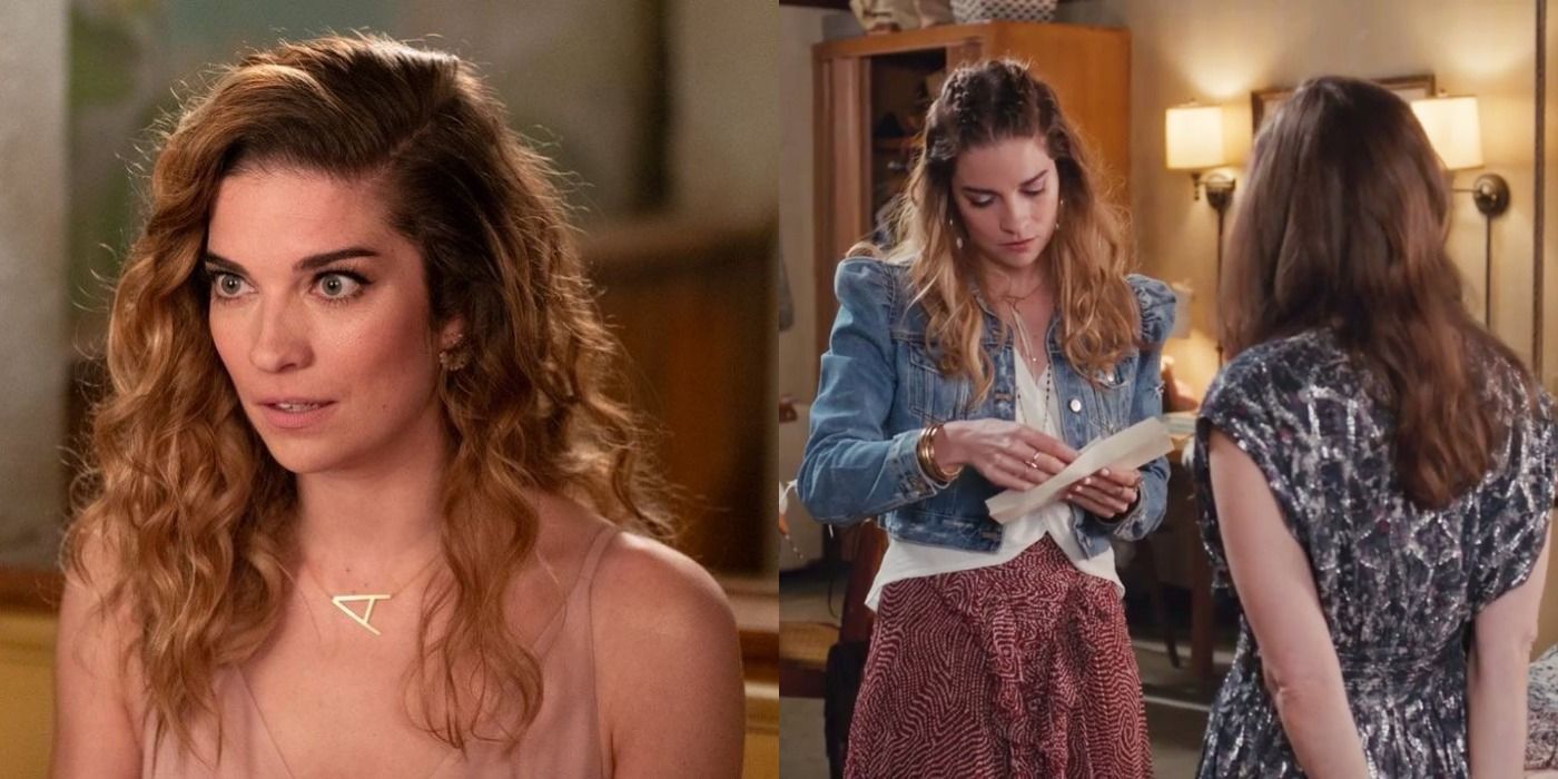 Split image of Alexis looking serious and Alexis looking at an envelope that Twyla gave her in Schitt's Creek