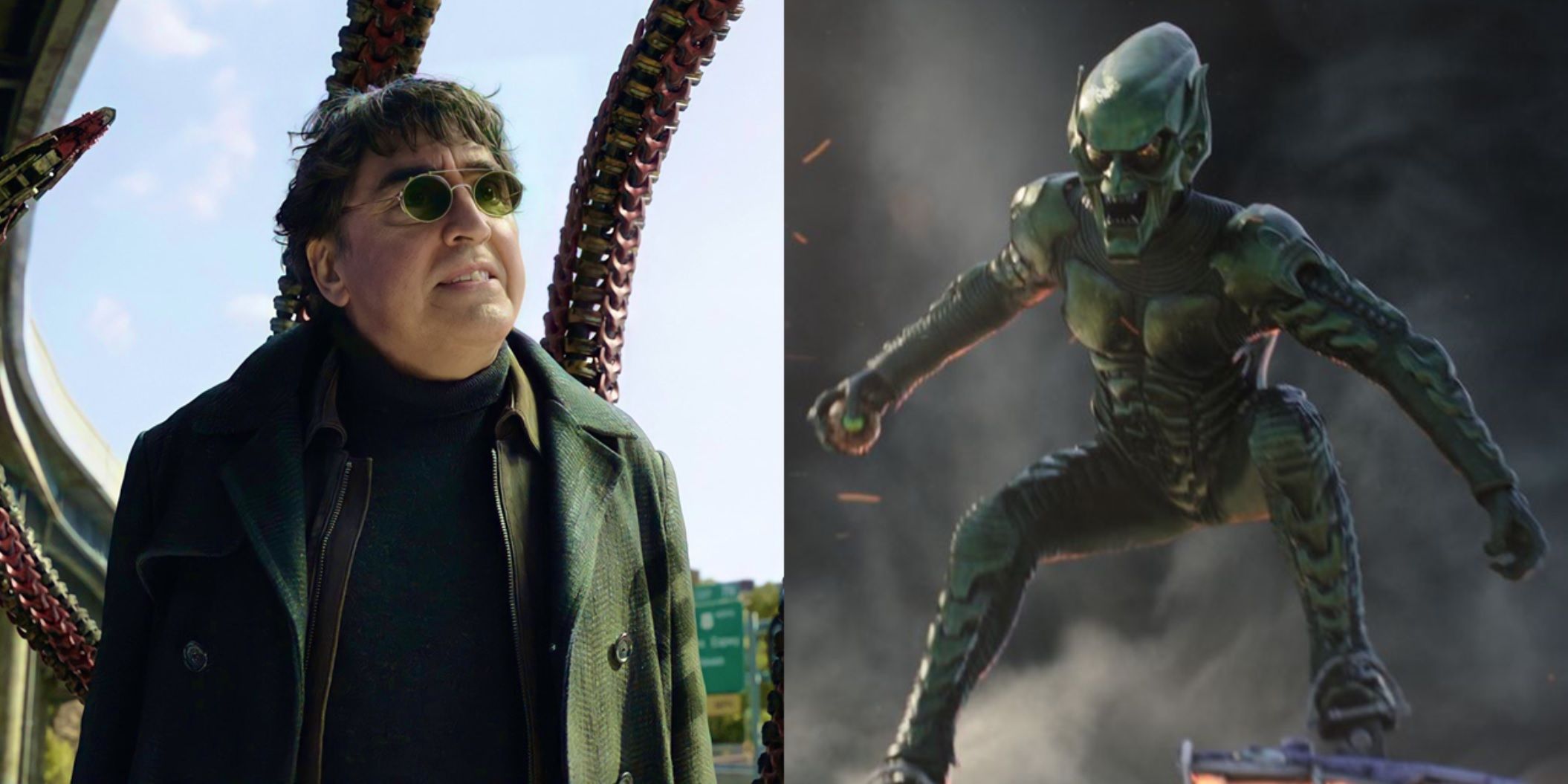 Split image of Alfred Molina as Doc Ock and Willem Dafoe as the Green Goblin in Spider-Man No Way Home