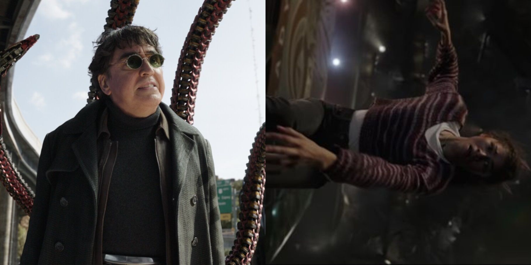 Split image of Alfred Molina as Doc Ock and Zendaya as MJ in Spider-Man No Way Home