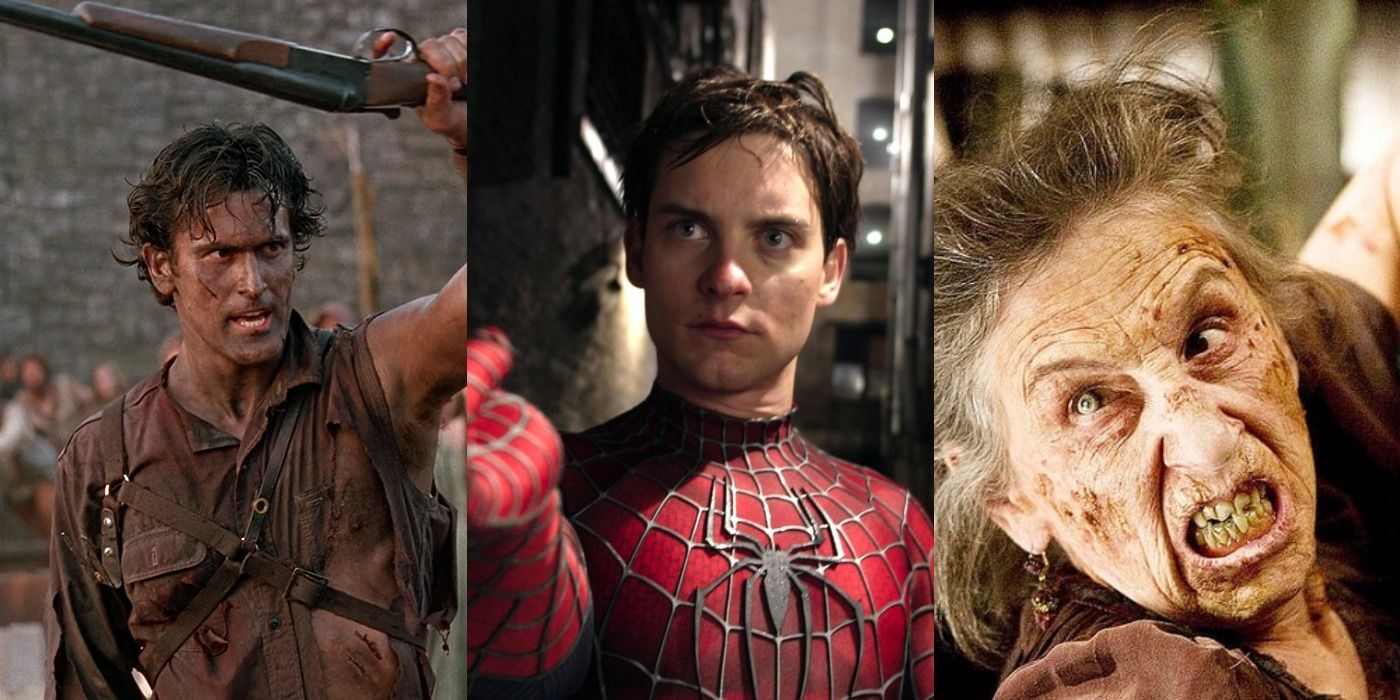 Split image of Ash in Army of Darkness, Peter in Spider-Man 2, and Miss Ganush in Drag Me To Hell