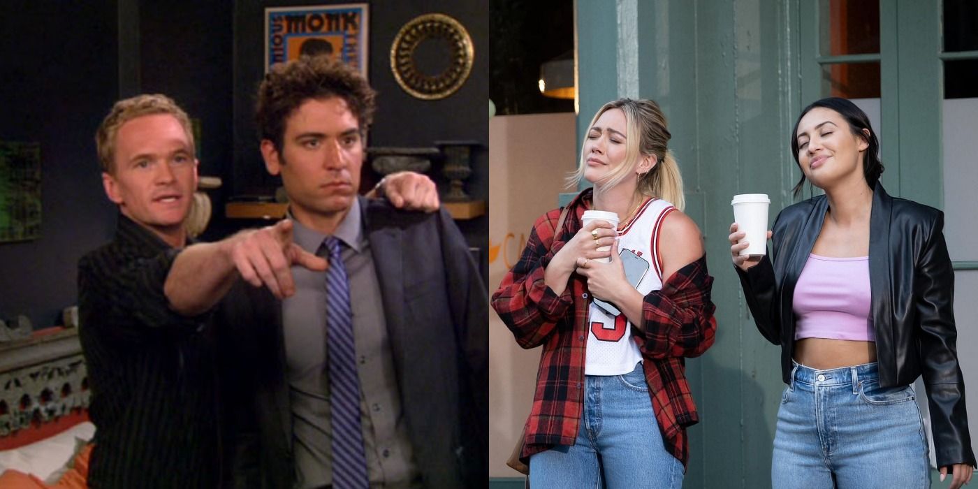 Split image of Barney pointing something to Ted in HIMYM and Sophie and Vanessa walking in HIMYF