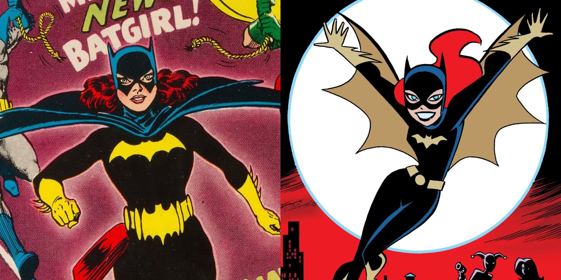 Split image of Batgirl in her first appearance and Batgirl leaping across the night sky in DC comics