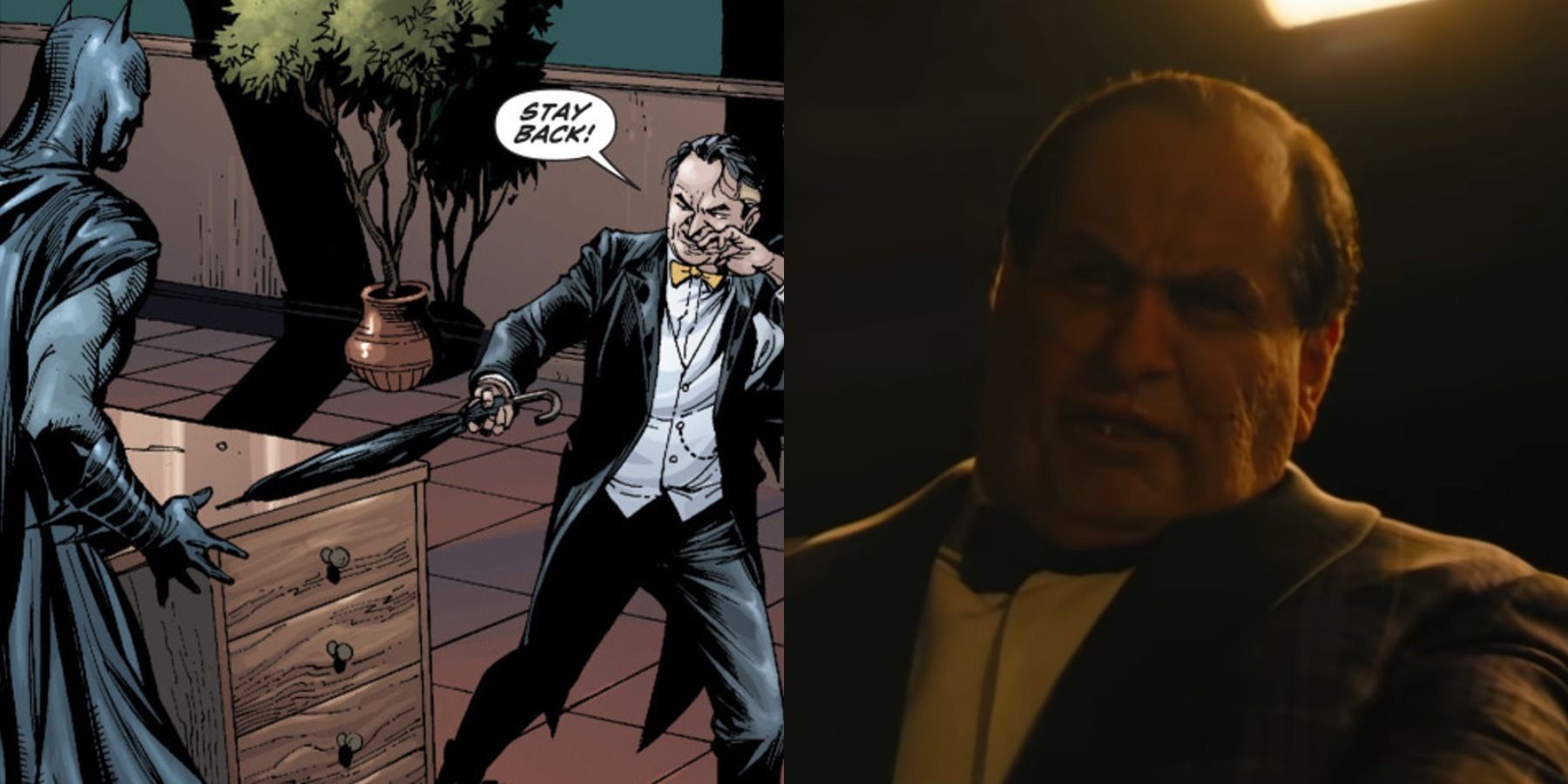 Split image of Batman confronting Oswald Cobblepott in Batman Earth One and The Penguin in a club in The Batman 2022