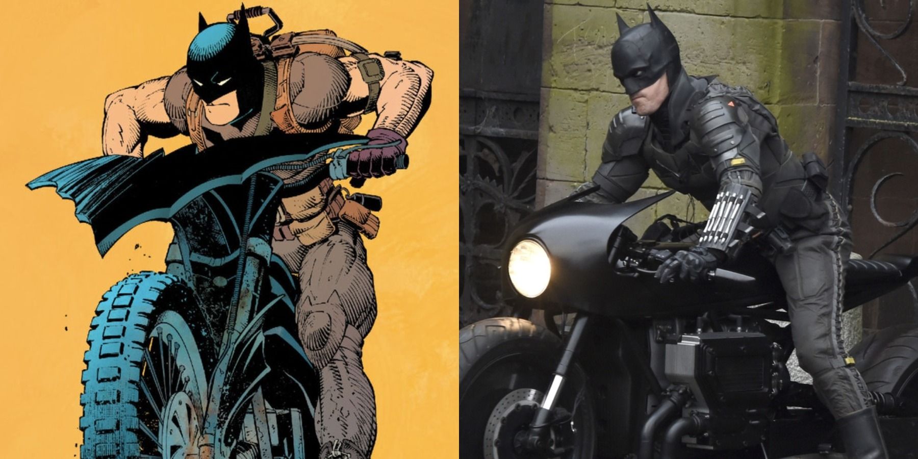 Split image of Batman riding his Batcycle in both Batman Zero Year and The Batman 2022