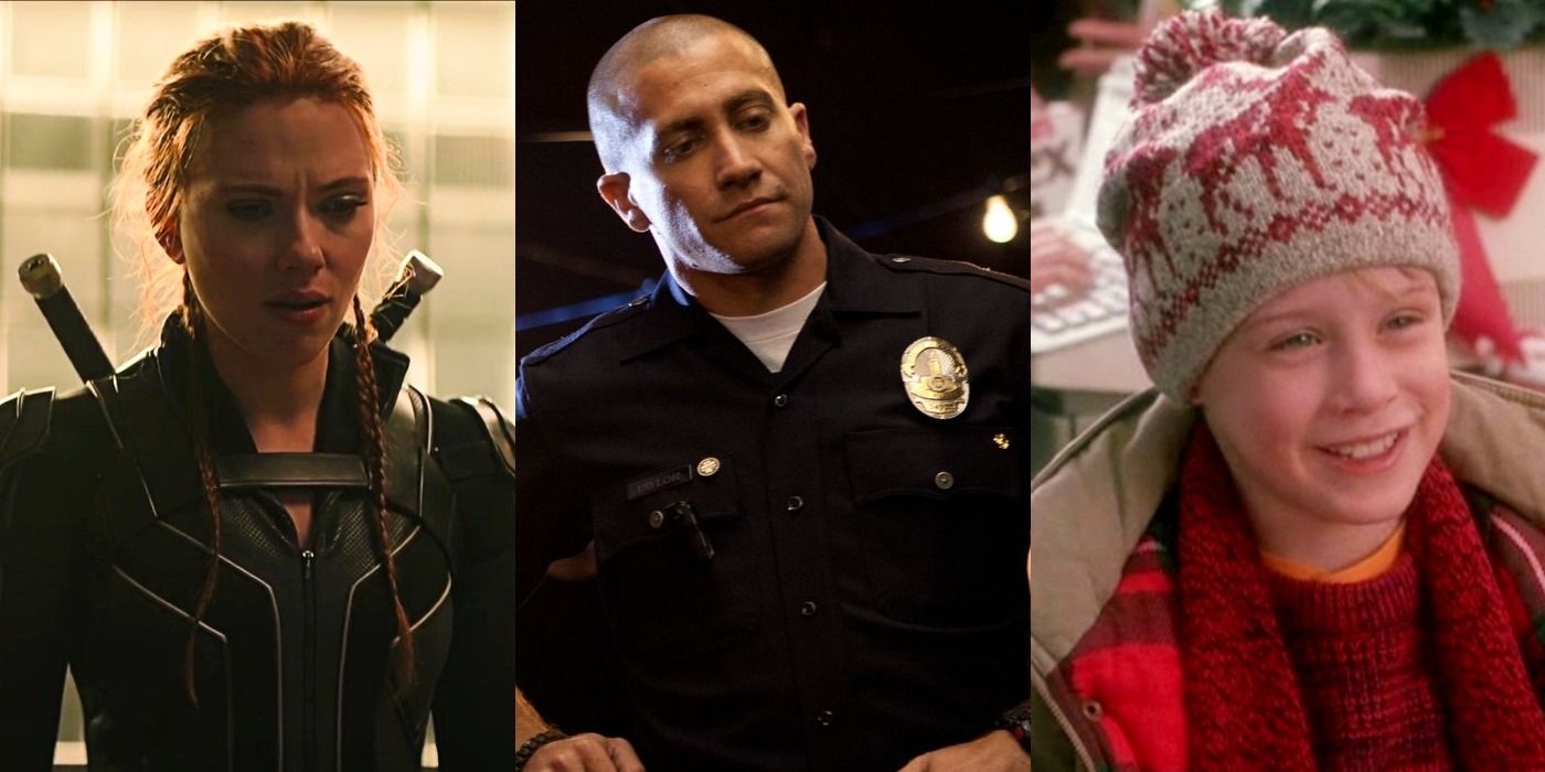 Split image of Black Widow in Black Widow, Brian in End of Watch, and Kevin in Home Alone