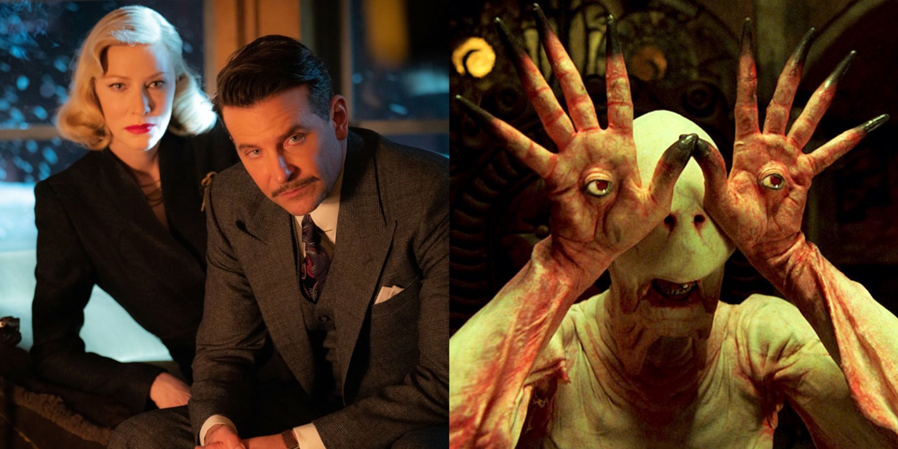 Split image of Bradley Cooper and Cate Blanchett in Nightmare Alley and the Pale Man in Pan's Labyrinth