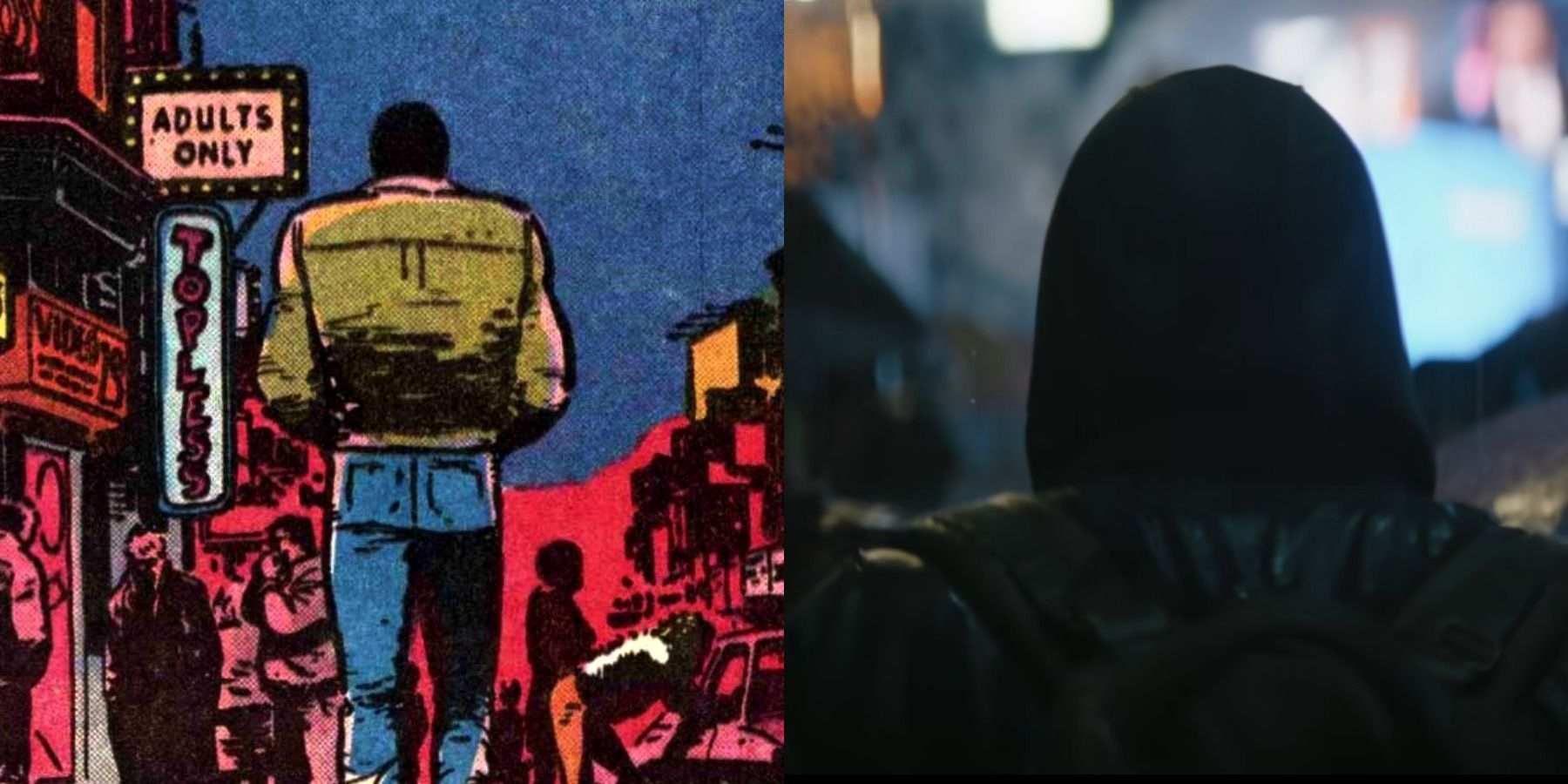 Split image of Bruce Wayne roaming Gotham disguised as a criminal in both Batman Year One and The Batman 2022