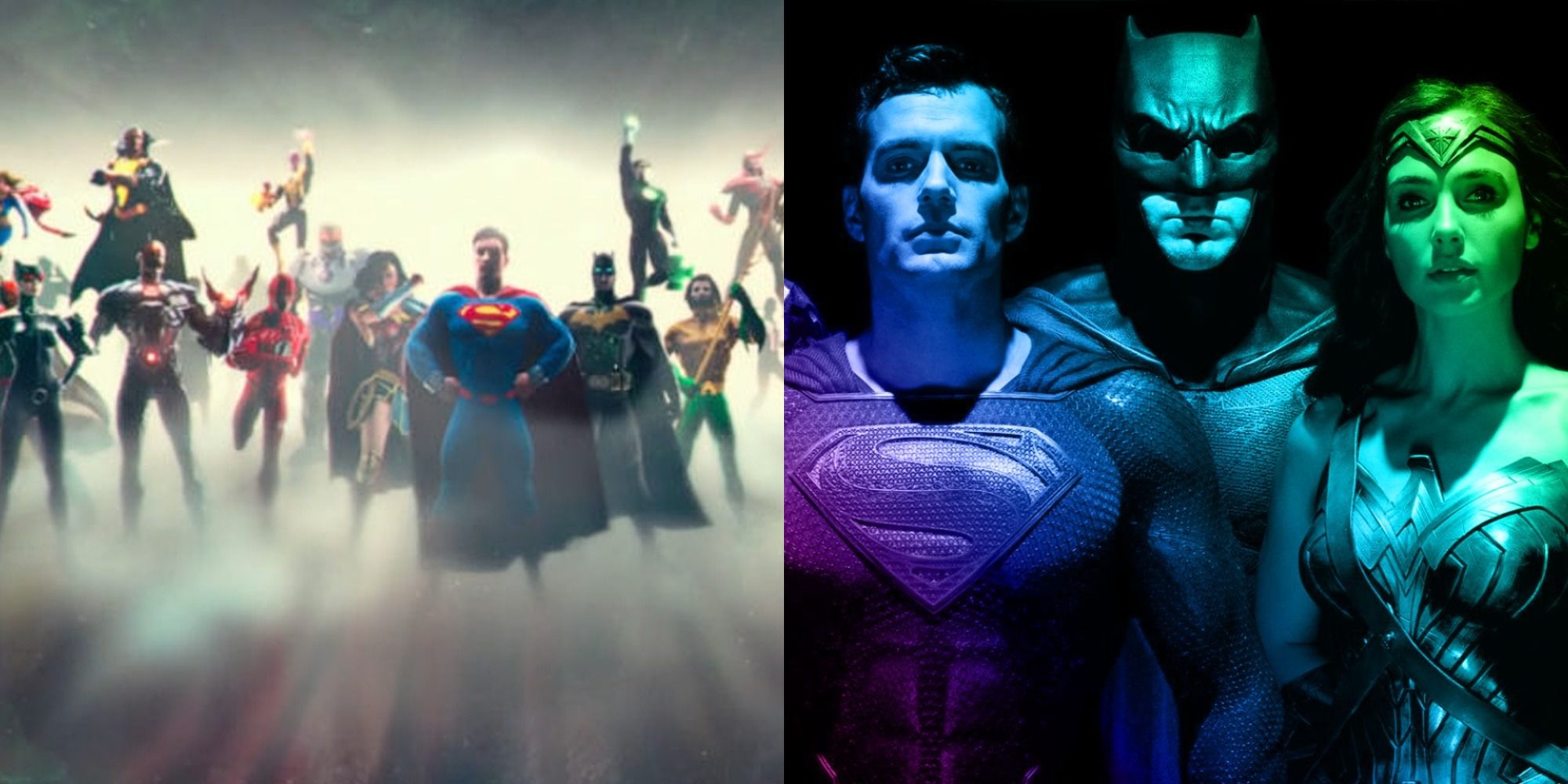 Split image of DCEU superheroes standing side by side