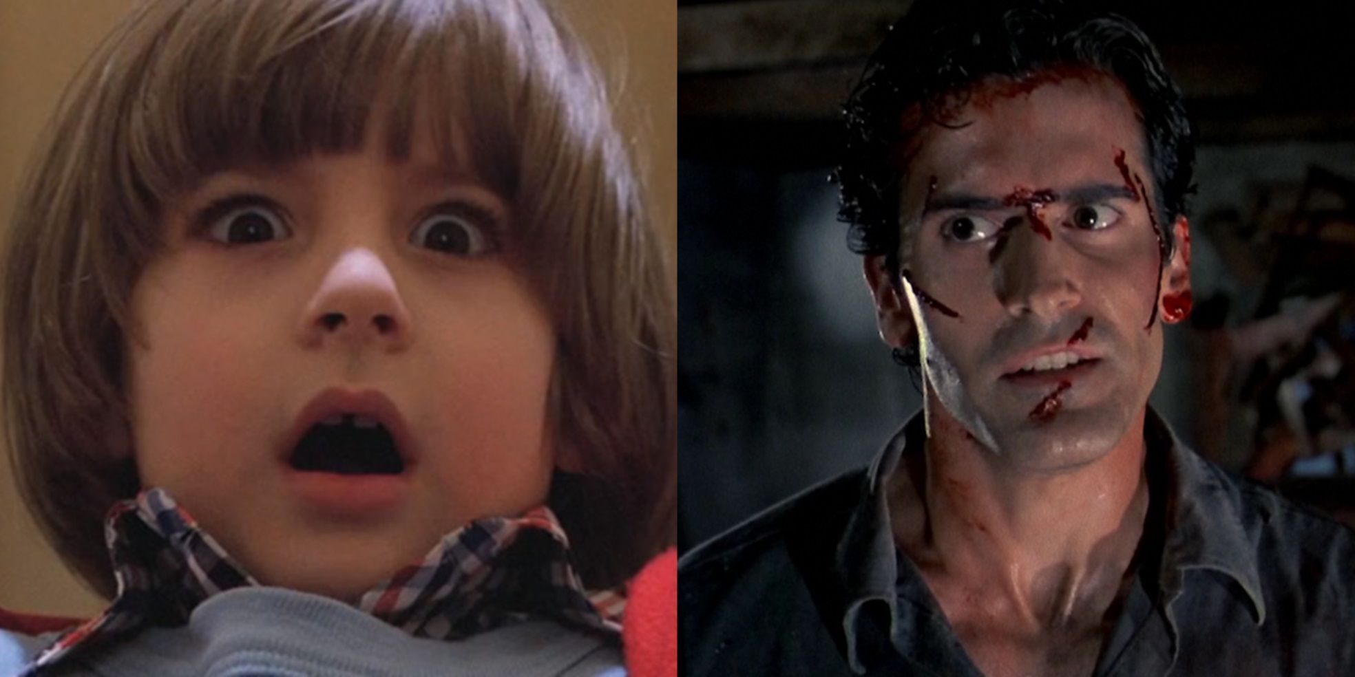 Split image of Danny Torrance in The Shining and Ash Williams in The Evil Dead