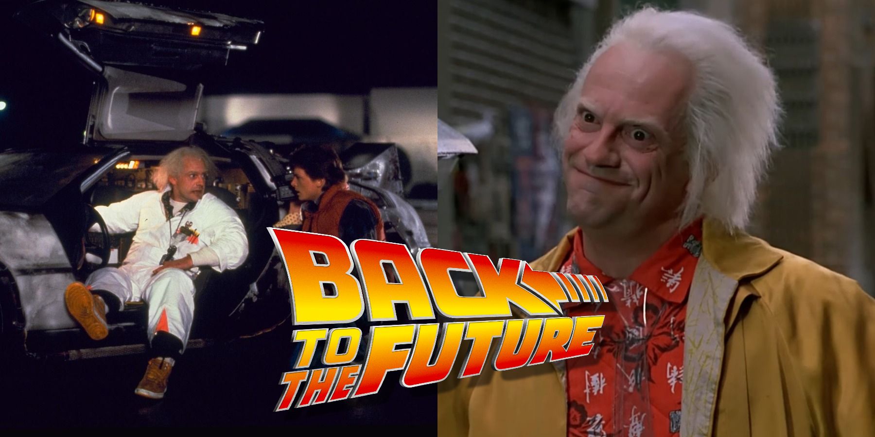 Split image of Doc Brown showing Marty the DeLorean in Back To The Future and Doc Brown smiling in Back To The Future Part II