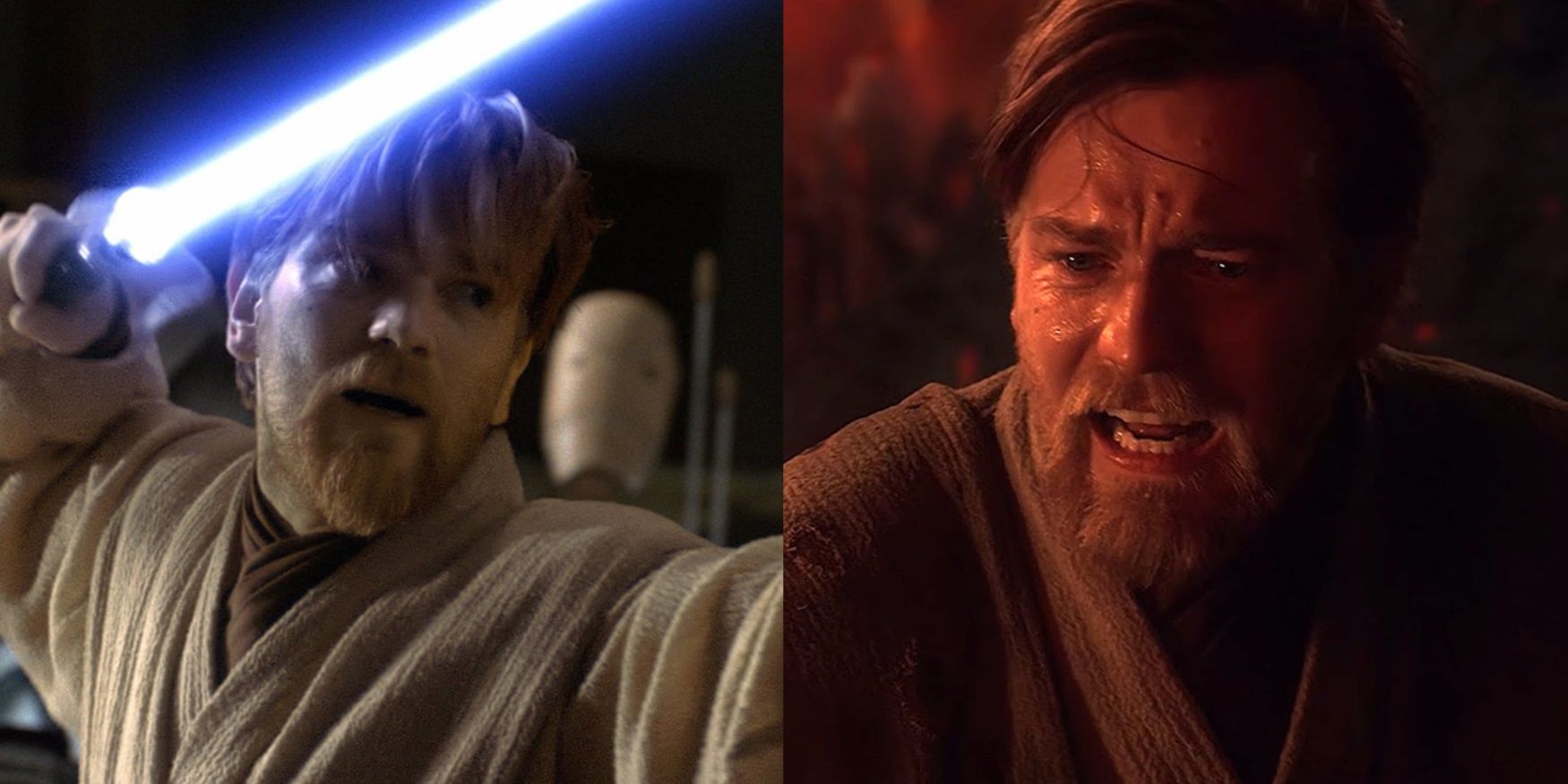 Split image of Ewan McGregor as Obi-Wan on Utapau and Mustafar in Revenge of the Sith