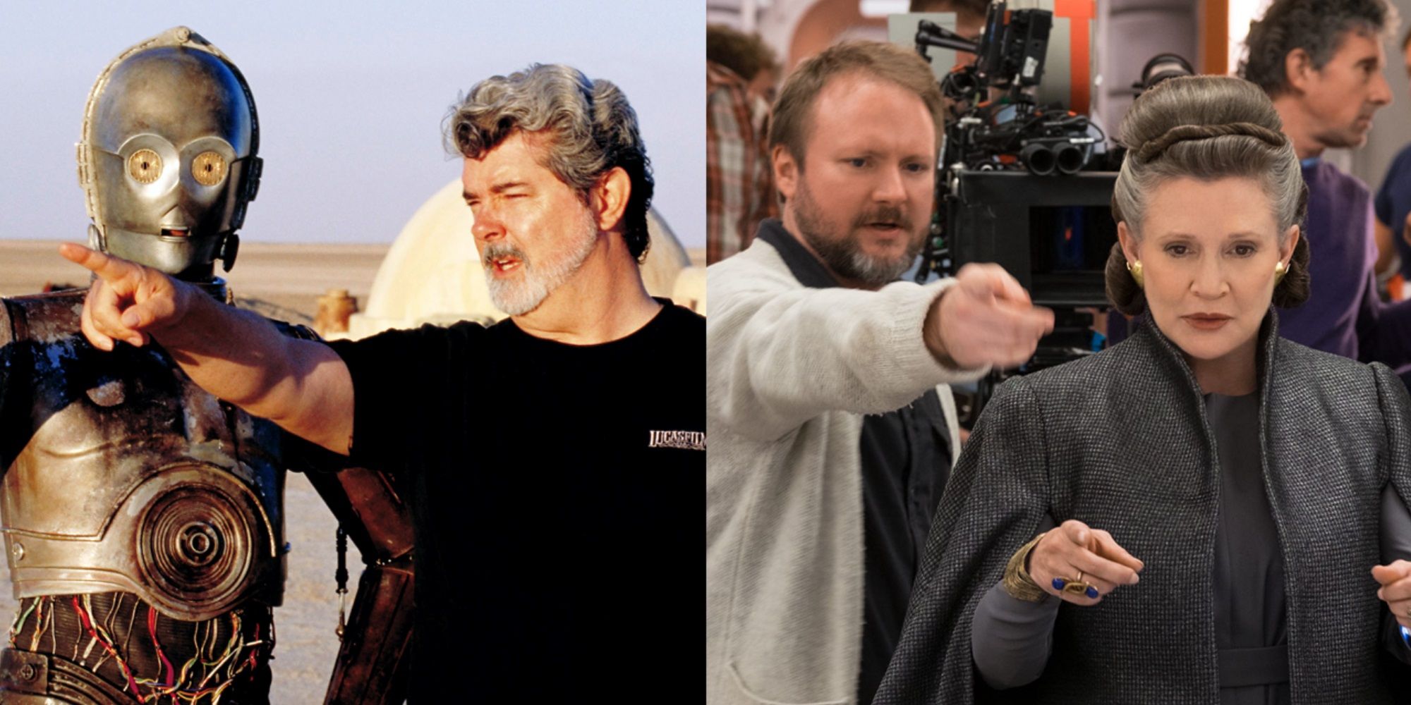 Split image of George Lucas directing Star Wars and Rian Johnson directing The Last Jedi