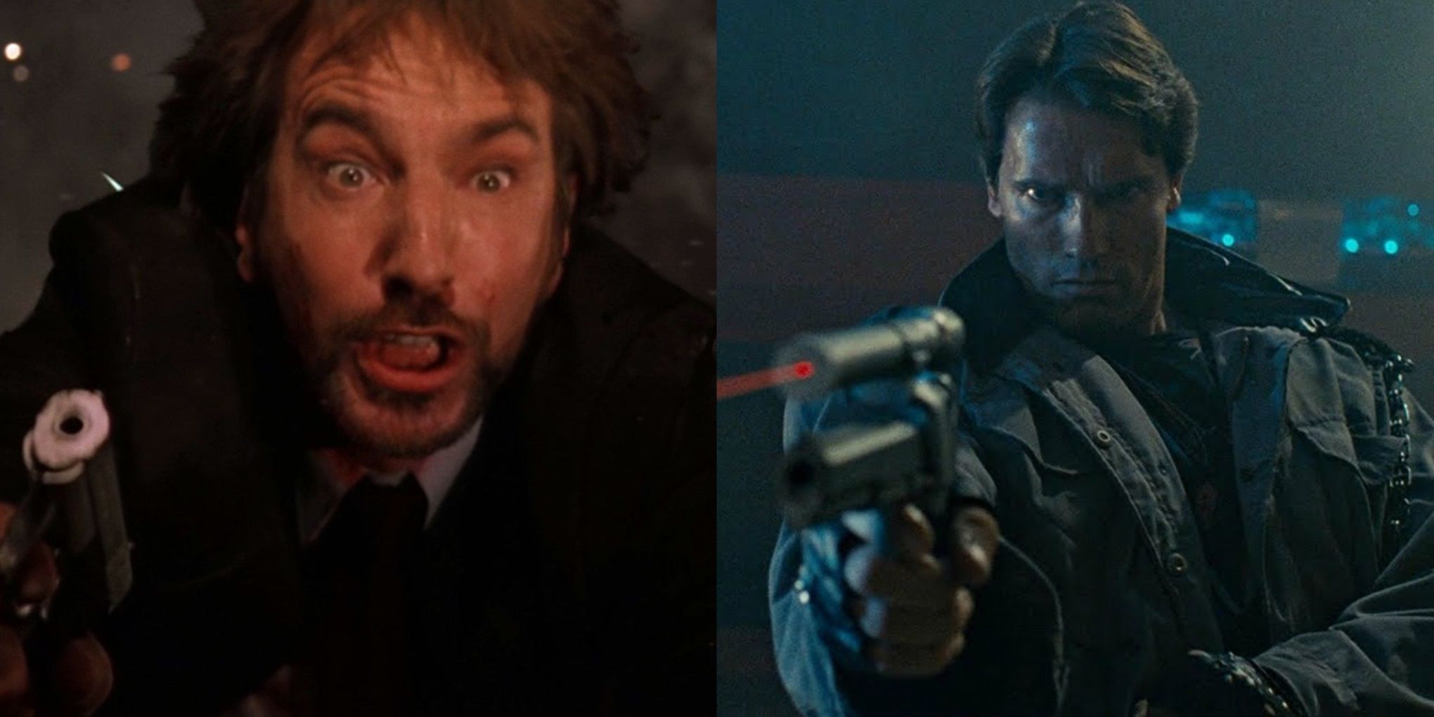 Split image of Hans Gruber in Die Hard and the T-800 in The Terminator