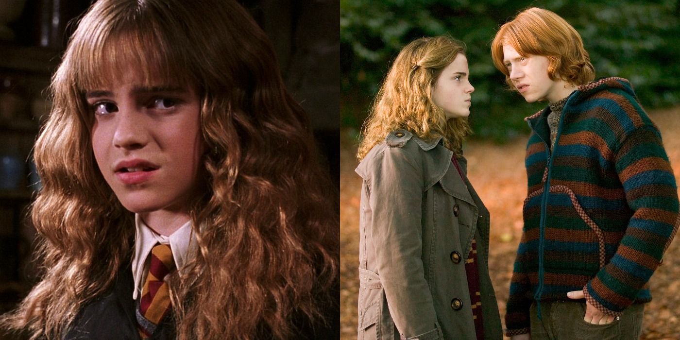 Split image of Hermione looking disgusted and Hermione with Ron in Harry Potter