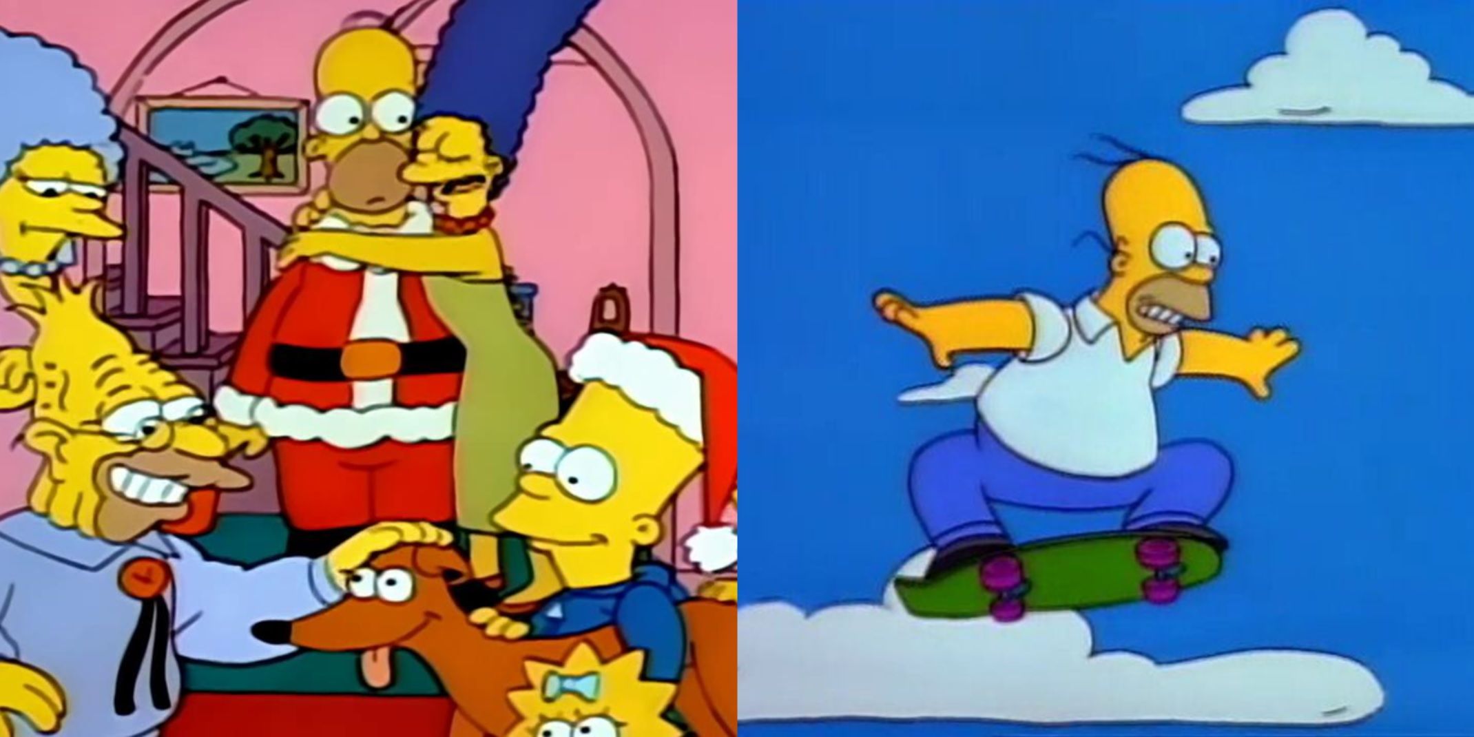 Split image of Homer Simpson celebrating Christmas and jumping Springfield Gorge in The Simpsons